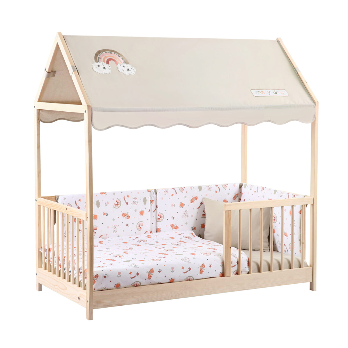 Kukka Natural Wooden Montessori Activity Bed 70X140cm - Rainbow Cream